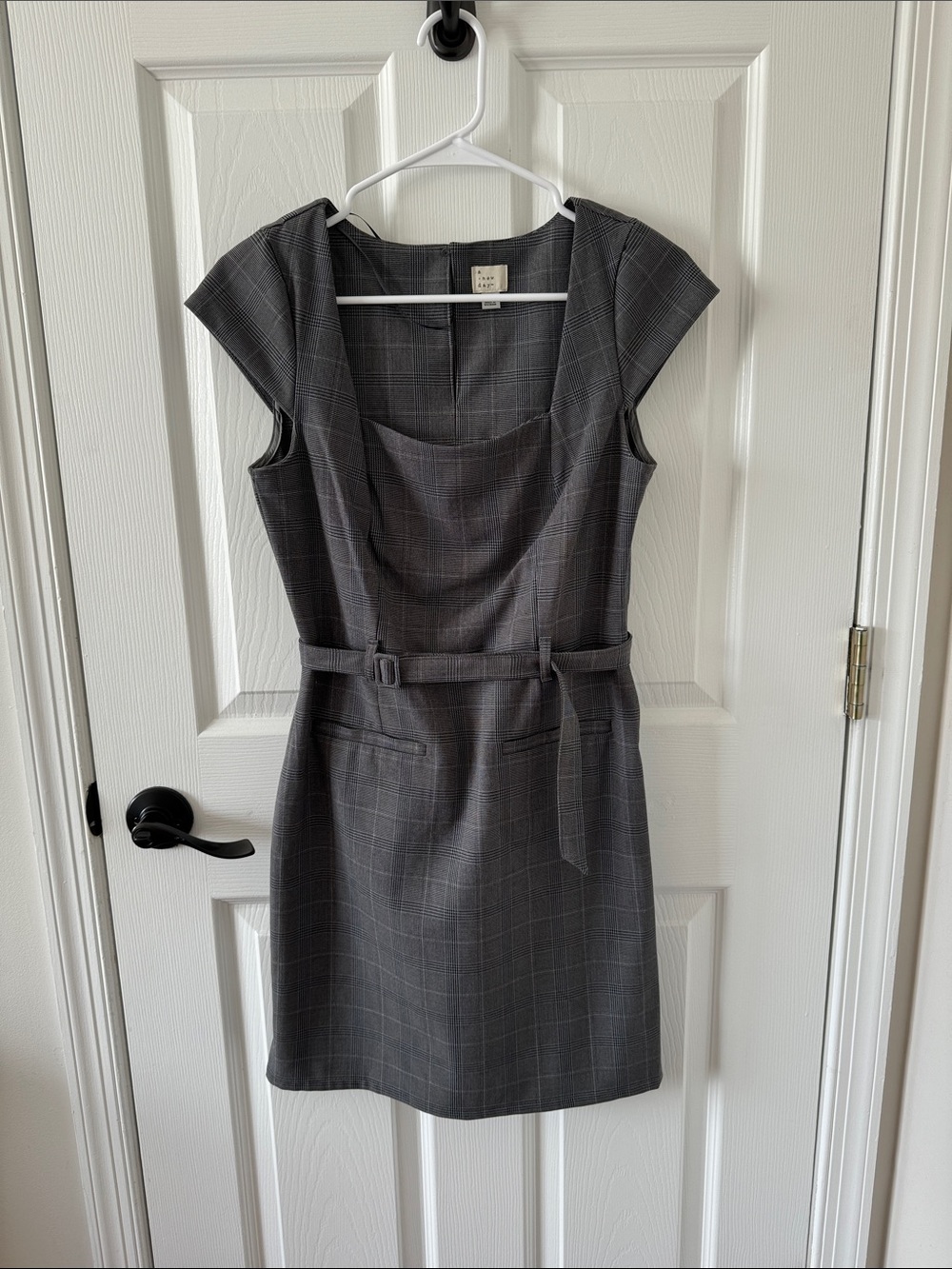 A New Day Charcoal Plaid Cap-Sleeve Belted Mini Dress Size XS